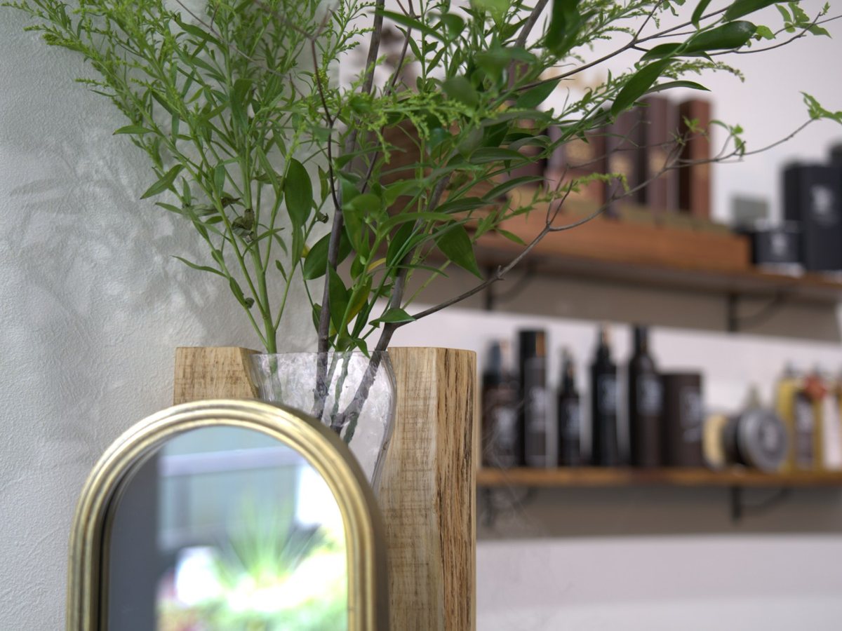 観葉植物と、棚に並んだヘアケア商材